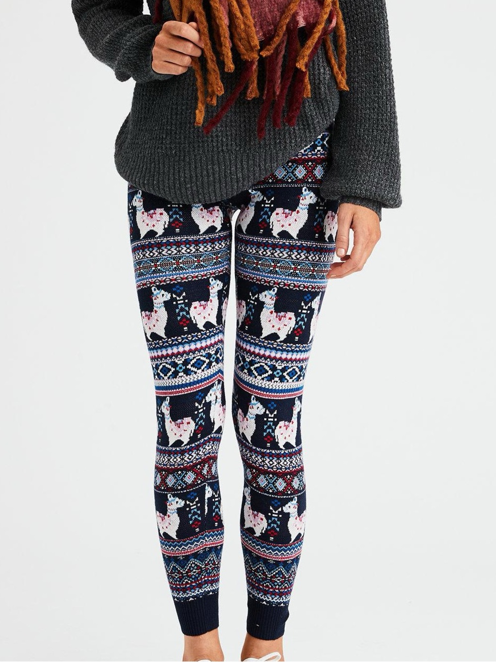 American Eagle Fair Isle Llama Alpaca Print Sweater Knit Leggings Size L